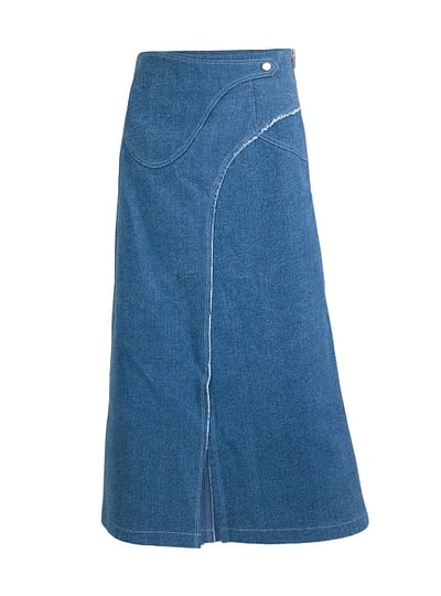 Blue Saddle Detail Front Slit Denim Long Skirt 1