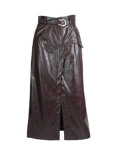 Wine Eco Leather Unbalance Front Cutting Skirt 1